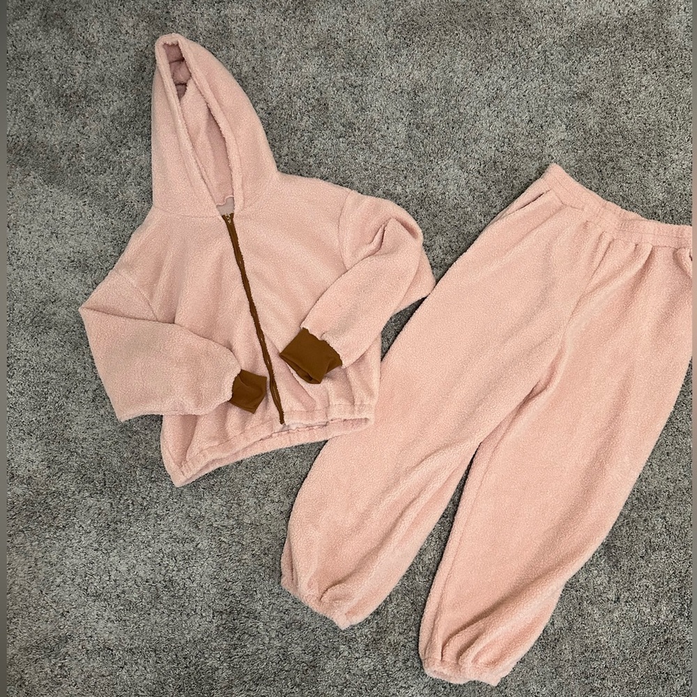 Pink Sherpa Cropped Hoodie and Pants Loungewear